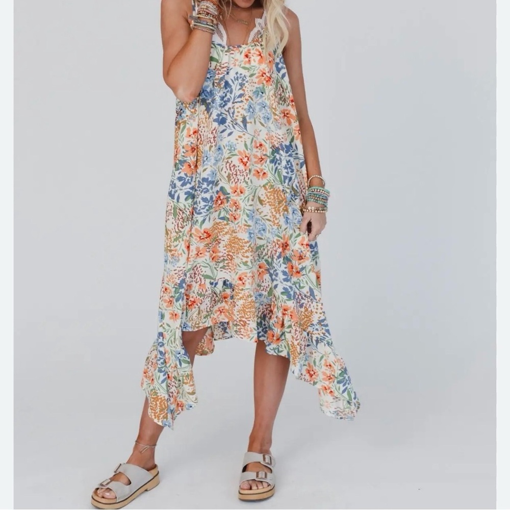 NWT Three Bird Nest Ellie Ruffle Midi Dress XL Floral Boho Flowy Festival